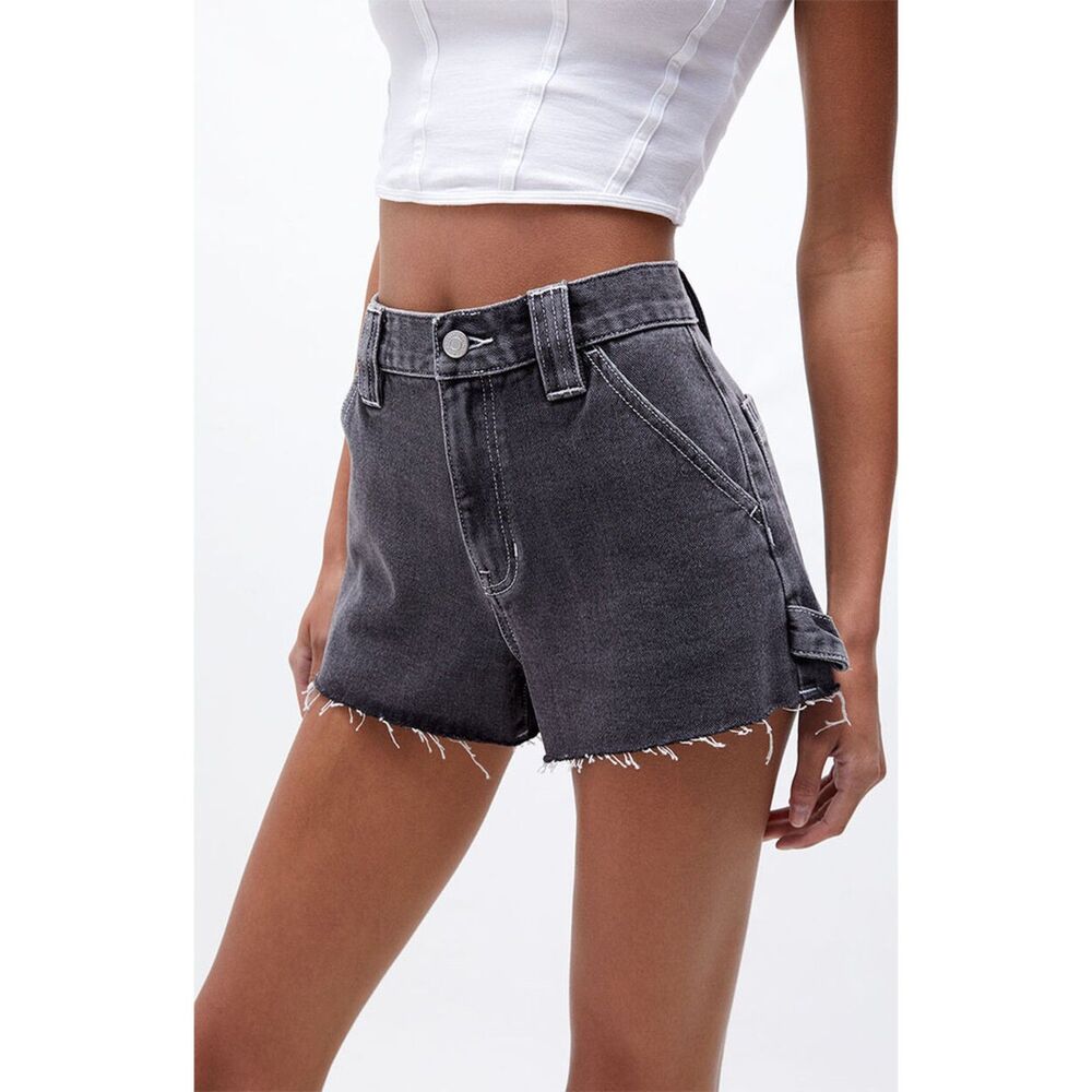 PACSUN Black Denim Carpenter Shorts Frayed Hem High Rise 2.5" Inseam Sz 28 BLACK